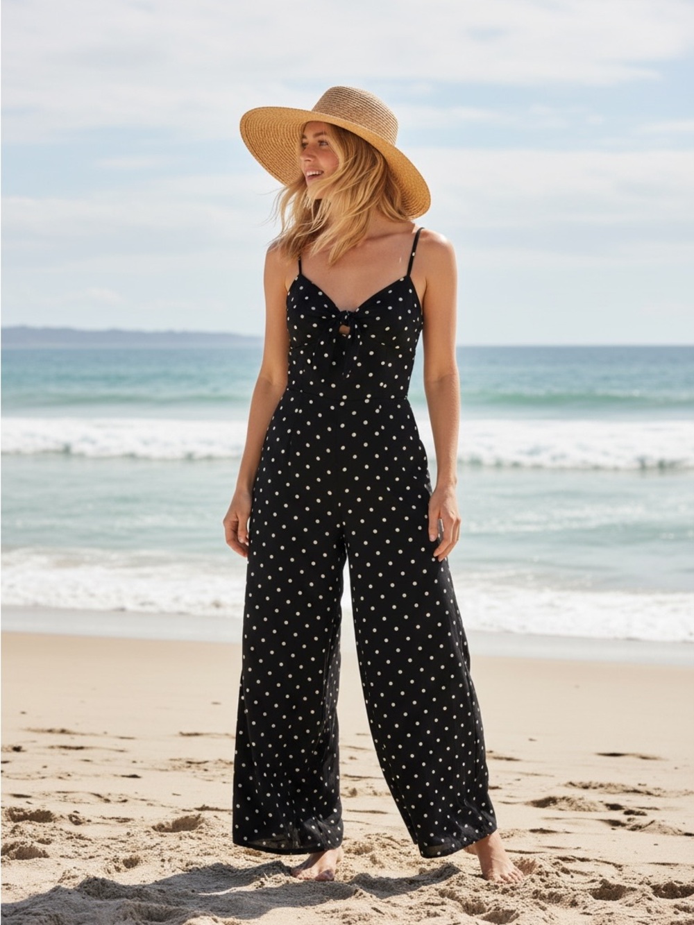 Old Navy Black Polka Dot Spaghetti-Strap Wide-Leg Jumpsuit Size M